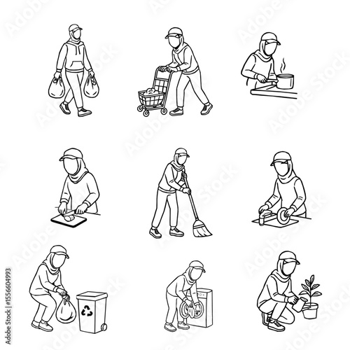 Hijab Woman Daily Activity Outline Vector Set. A collection of hijabi women in daily activities. Set of Muslim women wearing hijab doing productive tasks. set of hijab women in various poses. 