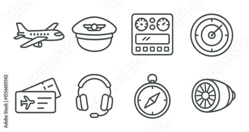 Aviation and pilot profession line icons set – flight, aeronautics symbols
