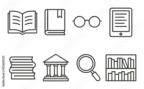 Library knowledge icons set – outline, books and reading symbols for education