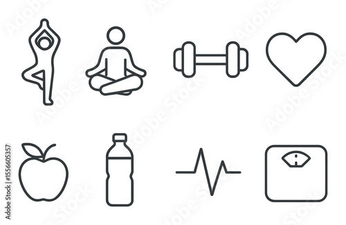 Wellness and fitness icons set – outline, health and exercise symbols for holistic lifestyle