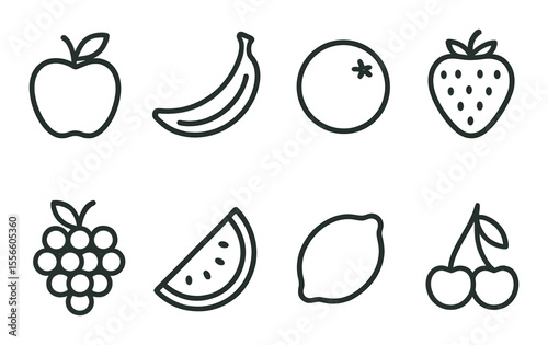 Fruit and food icons set – linear style, healthy and natural symbols