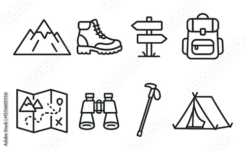 Mountain hiking essentials icons set – outline, camping and adventure symbols