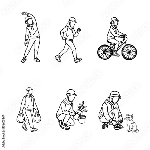 Hijab Woman Daily Activity Outline Vector Set. A collection of hijabi women in daily activities. Set of Muslim women wearing hijab doing productive tasks. set of hijab women in various poses. 