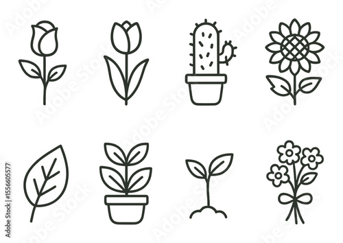 Floral line icons set – outline, botanical and plant design elements
