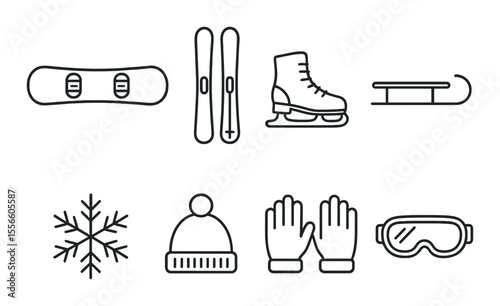 Winter sports icons set – outline, skiing and snowboarding simple symbol collection