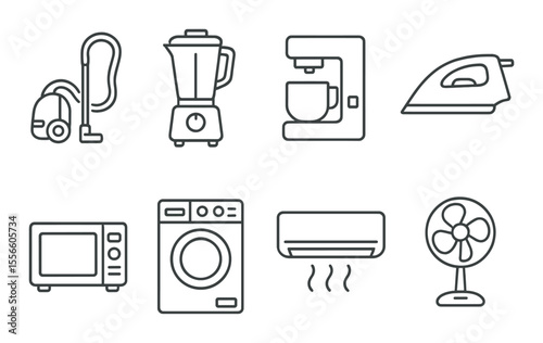 Household appliance icons set – outline, kitchen and cleaning symbols for home use
