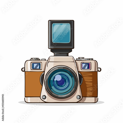 A vintage film camera with lens cap off

