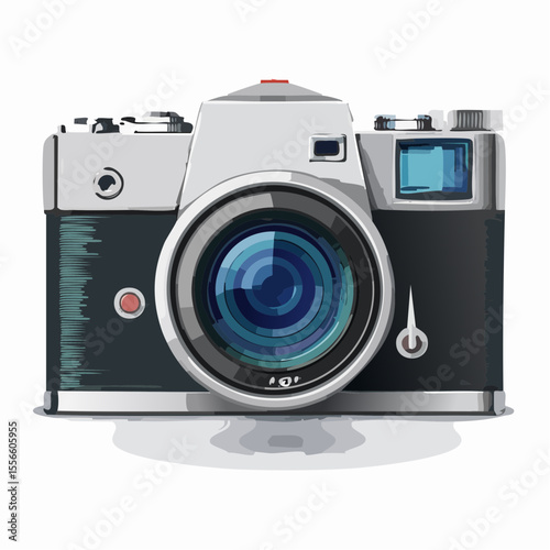 A vintage film camera with lens cap off
