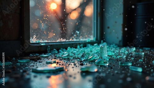 Close-up view of a shattered window, shards of glass scattered on the ground, symbolic of the aftermath of a violent crime , threat, disorder, robbery