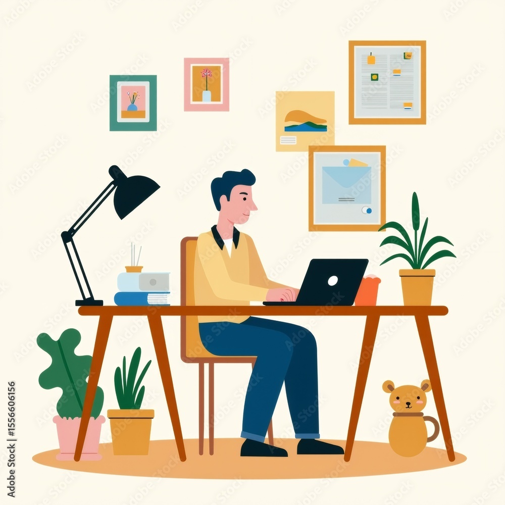 Fototapeta premium man sitting desk laptop front him wearing yellow shirt blue jeans has smile his face desk wood has several potted plants either side side desk desk lamp stack books above man several framed pictures