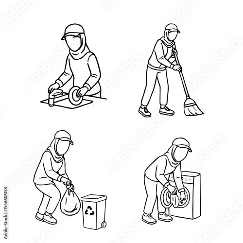 Hijab Woman Daily Activity Outline Vector Set. A collection of hijabi women in daily activities. Set of Muslim women wearing hijab doing productive tasks. set of hijab women in various poses. 