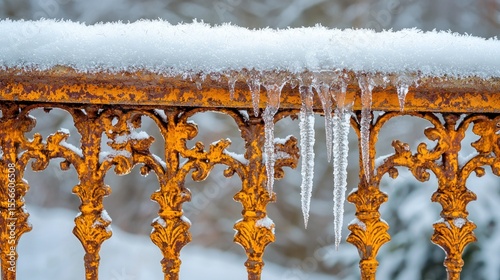 Ornate metal railing, covered in snow and icicles