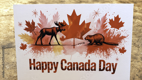 Canada Day celebration with moose and beaver illustration