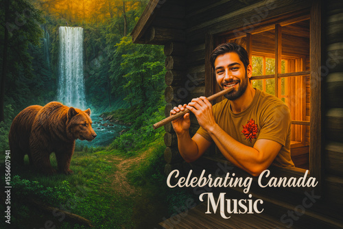Man playing flute near bear and waterfall in forest