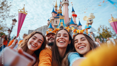 Friends enjoying a fun day at a theme park with iconic castle in background