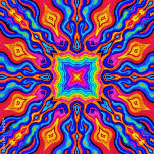 abstract digital art piece appears kaleidoscope like pattern multiple layers vibrant colors including red orange yellow blue green purple colors arranged symmetrical symmetrical manner creating sense