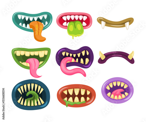 Set of monster mouths collection, Funny facial expression, open mouth with tongue and drool, Set of lips of monsters , in cartoon style, in different positions, terrible emotions, facial expressions