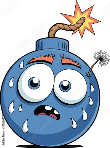Scared Blue Bomb Cartoon Character with Lit Fuse and Sweating, Expressing Urgency and Panic, cad drawing flat vector illustration.
