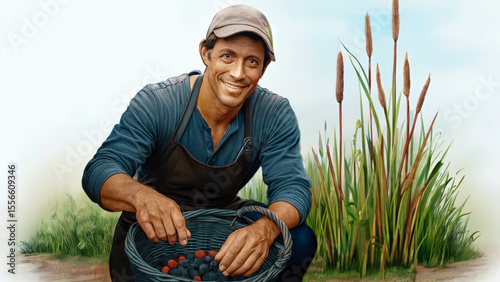 Smiling farmer harvesting berries in a green field