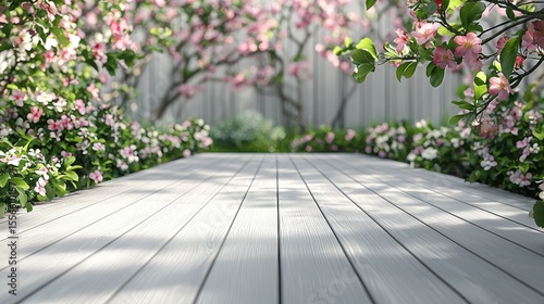 Spring blossoms on a light wooden path