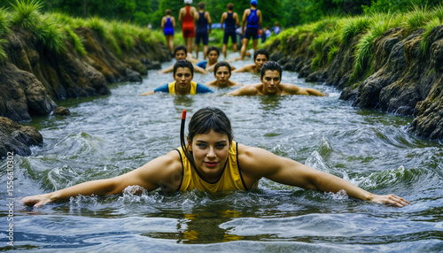 Woman snorkeling with friends in clear water surrounded by nature