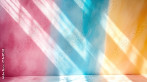 Sunlight casts vibrant shadows on a pastel wall