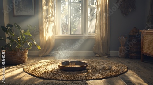 Sun-drenched, peaceful interior space with a circular woven rug, incense burning in a wooden bowl, and a view from the window