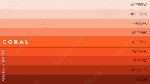 Coral color palette gradient – 9 shades from light to dark with HEX codes. Warm tone scale for web design, branding, and UI/UX. 