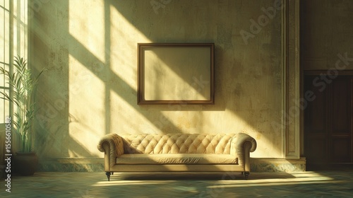 Sun-drenched antique interior with tufted couch and blank art