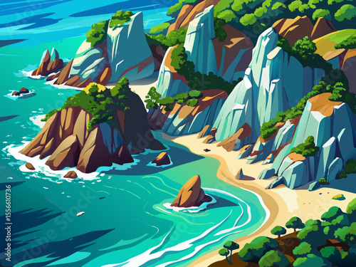 vector of Aerial view of the coastline of green cliffs with turquoise waters.