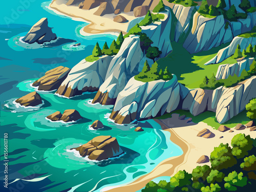 vector of Aerial view of the coastline of green cliffs with turquoise waters.