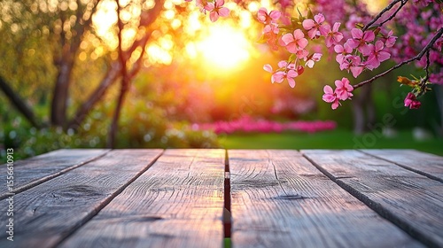 Rustic wooden table, spring garden sunset