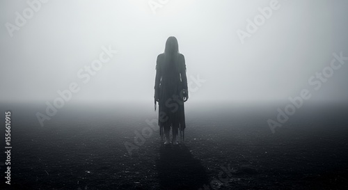 Mysterious Figure in Foggy Landscape