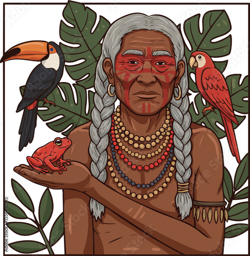 Indigenous elder with traditional face paint surrounded by tropical birds and lush green leaves vector illustration