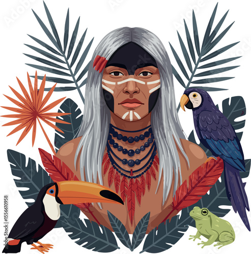 Indigenous woman with traditional face paint surrounded by tropical birds and lush green leaves vector illustration