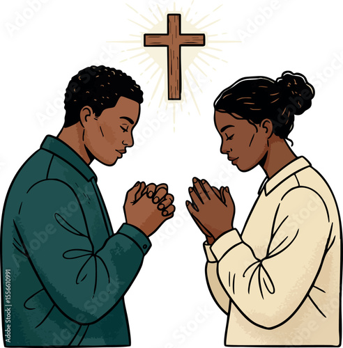 African American man and woman praying under glowing cross vector illustration for religious faith and spirituality concept