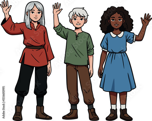 Group of diverse children waving hands happily in casual clothing standing together friendly illustration vector