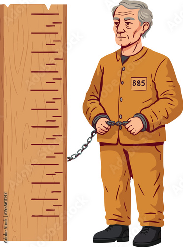 Elderly prisoner in orange jumpsuit chained to wooden post holding handcuffs vector illustration