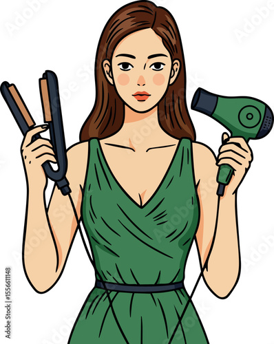 Woman using hair straightener and hair dryer for styling hair in green dress vector illustration