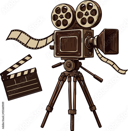 Vintage movie camera with film reel and clapperboard vector illustration for cinema and filmmaking design elements