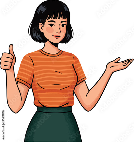 Young woman in orange striped shirt showing thumbs up and presenting with hand gesture smiling vector illustration