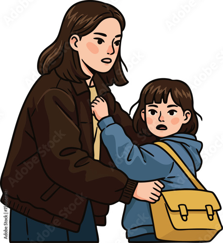 Mother protecting daughter holding yellow bag in casual clothing vector illustration of family care and concern