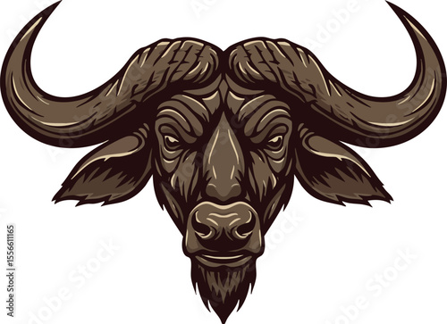 African buffalo head vector art with detailed brown horns and fierce expression design for wildlife illustration and nature themes