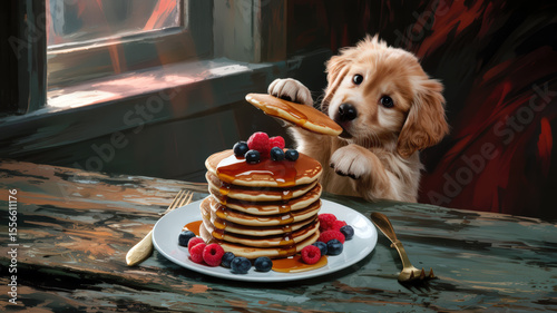 Golden retriever puppy reaching for pancakes on wooden table