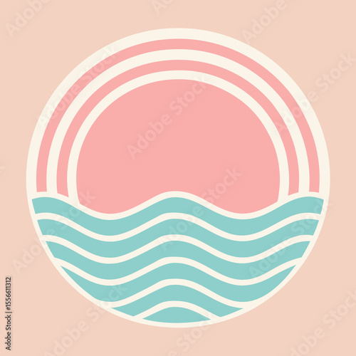 Abstract coastal design featuring sun and sea waves in modern minimalist style