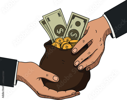 Hands exchanging money bag with coins and dollar bills financial transaction concept vector illustration