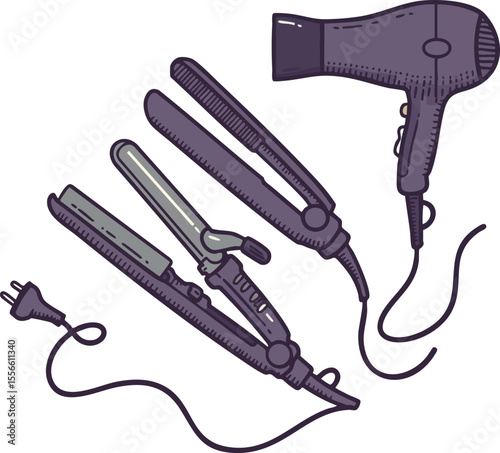Hair styling tools set including hairdryer and various straighteners for professional beauty salon and personal care use