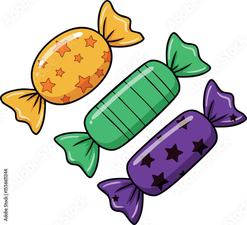 Colorful wrapped candies in green purple and yellow sweet treats vector illustration for design and decoration