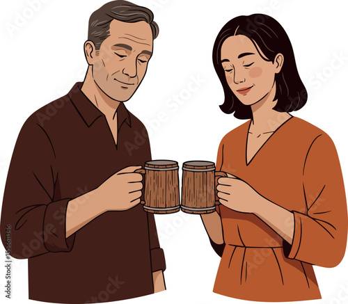 Mature couple enjoying wooden mugs of beer together in casual clothing celebrating friendship and relaxation vector illustration