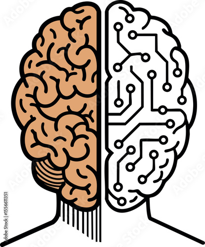 Human brain half biological half digital technology concept vector illustration for artificial intelligence and mind integration